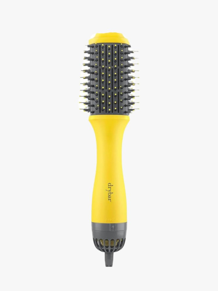 Dry Bar The Double Shot yellow blow dryer brush on light grey background